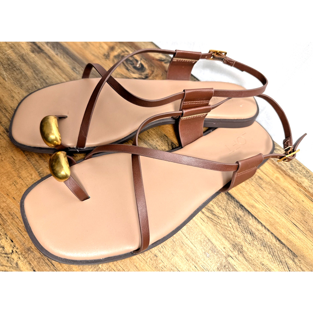 LOFT Brown Sandals Size 9 NWOB Strappy Casual Gold Embellished Buckle Square Toe - Picture 2 of 8